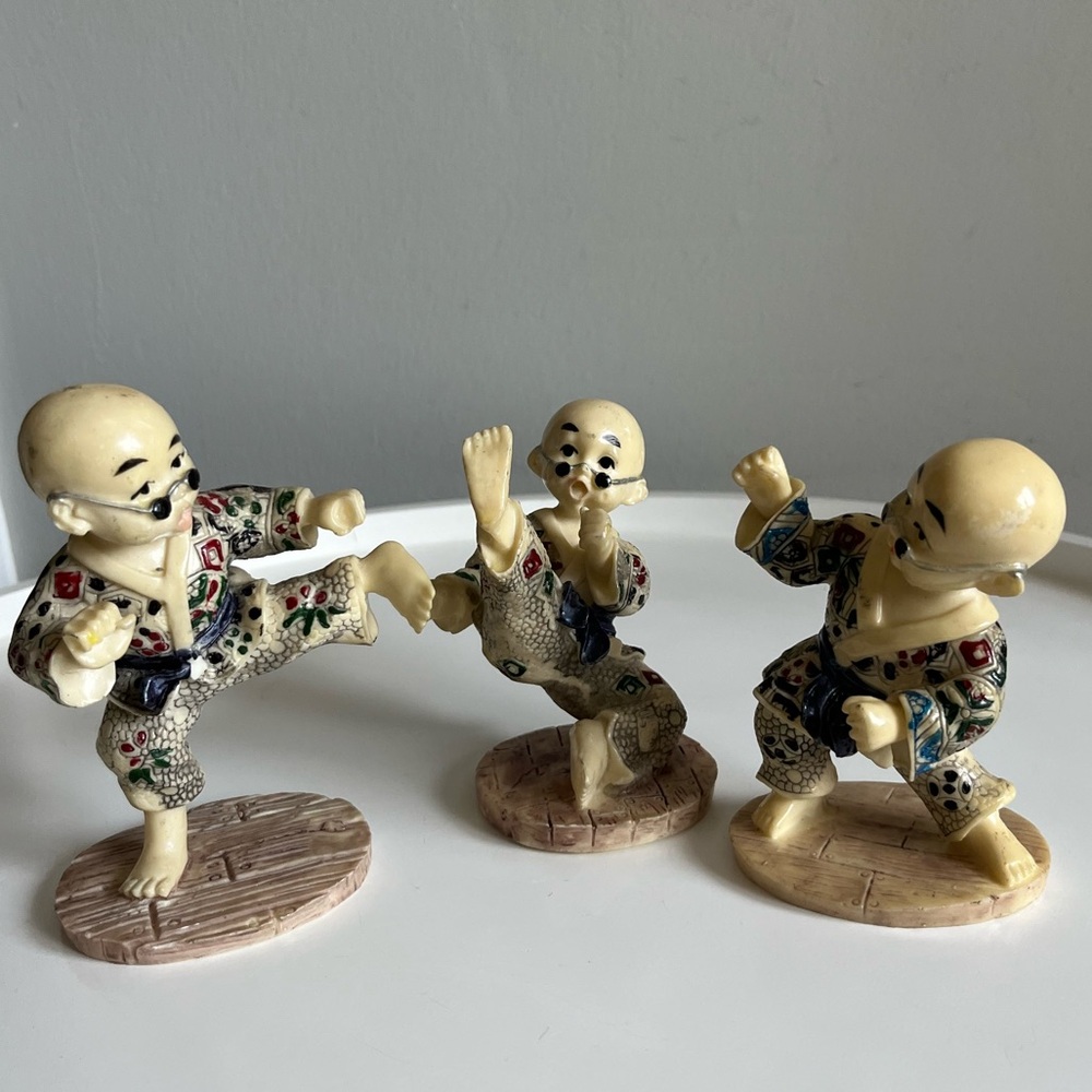 Set Of 3 Vintage Resin Figurines of Young Shaolin Monks in Various Kung Fu Poses